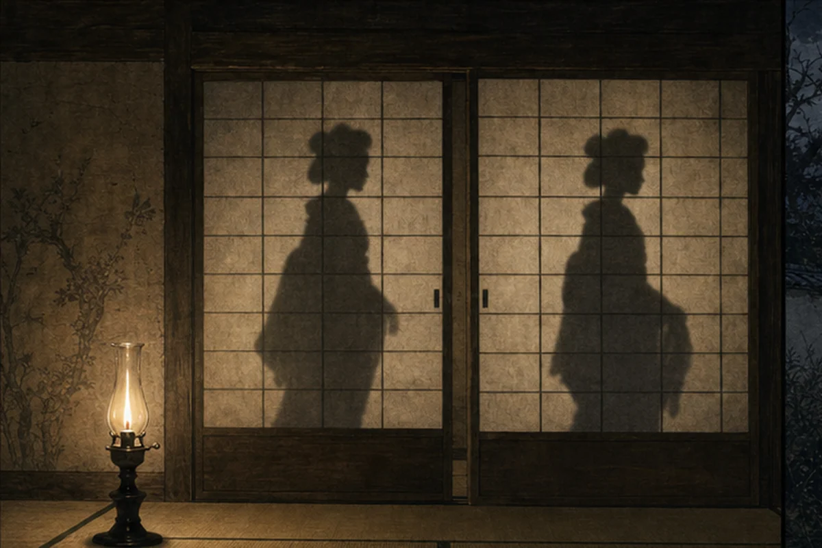 灯明が動かないまま、女の影だけが隣の障子へ静かに移る