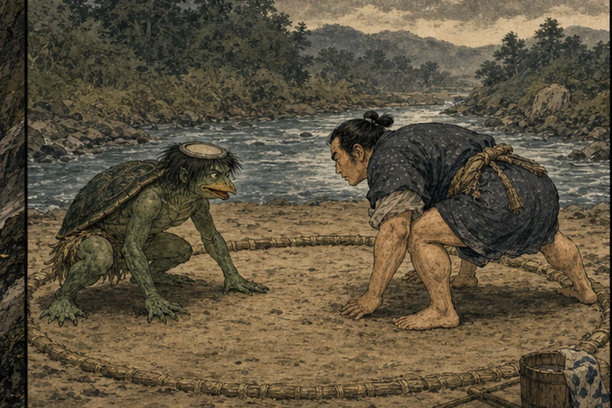 川辺の小さな土俵で河童と農夫が相撲の構えを取る