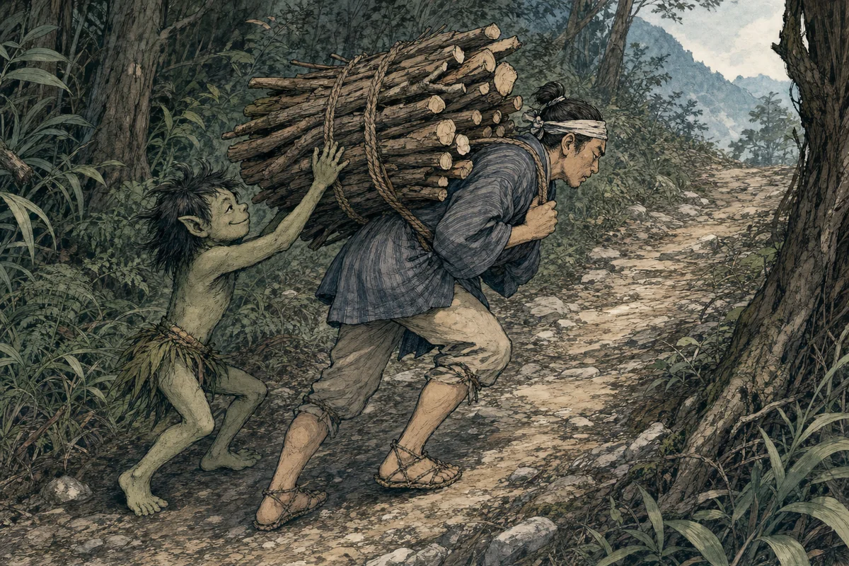 山道で薪を背負う人の後ろから、ケンムンが束を持ち上げて手伝う場面