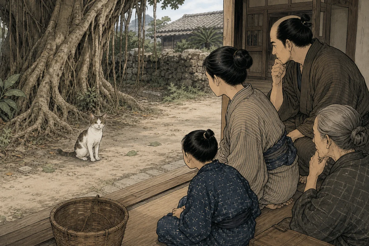 大きなガジュマルを切る相談をする家族の戸口へ、猫の姿のケンムンが来る場面