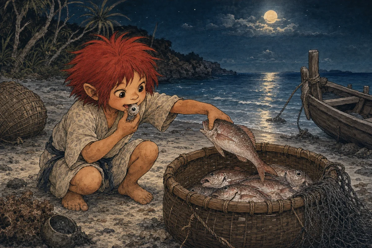 夜の浜で、キジムナーが魚の目を食べ、残りを漁師の籠へ渡す場面