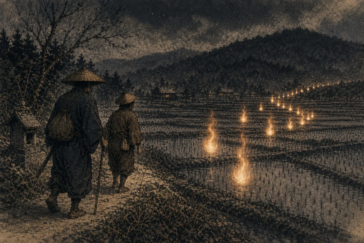夜の田道で二人の旅人が場所を移す橙色の灯の列へ近づく場面