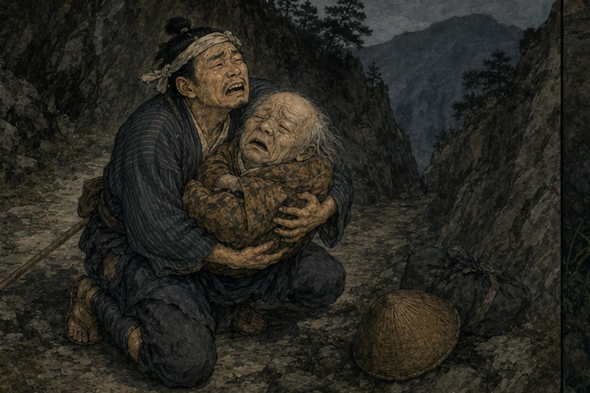 児啼爺が岩のように重くなり、旅人が山道へ膝をついて支えきれなくなる