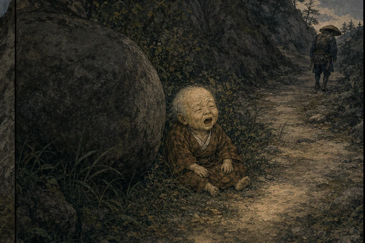 別の岩陰から赤子の声が響き、老人顔の小さな児啼爺が草むらに座る