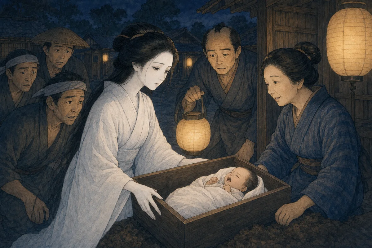 村人たちが墓を開け、棺の中で泣く赤子を見つける場面