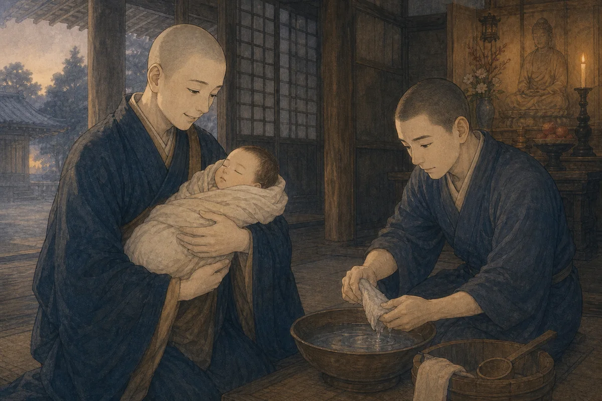 寺の僧が救い出された赤子を布へ包み、湯を用意する場面