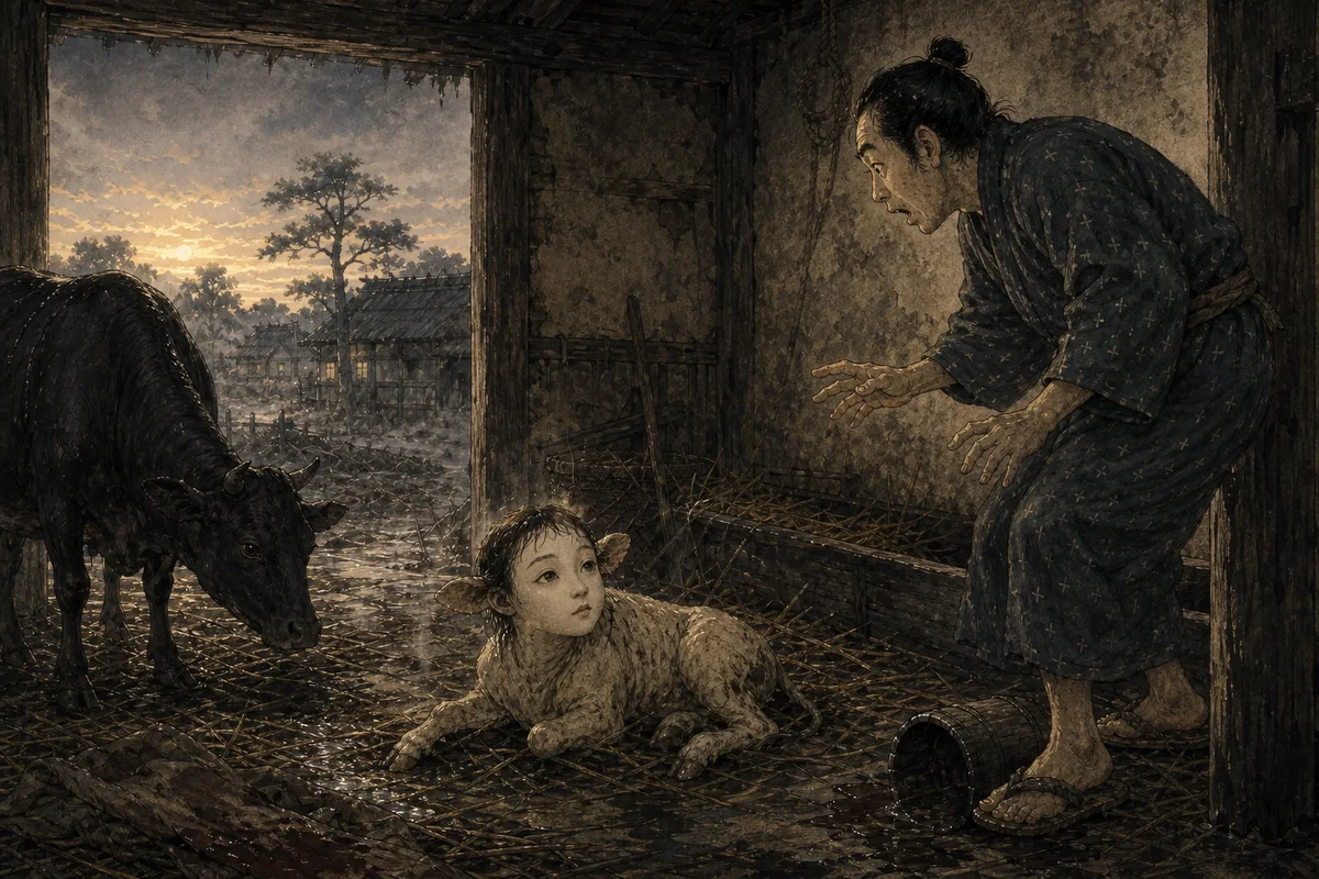 夜明けの牛舎で人に似た顔を持つ子牛が生まれ、飼い主が驚く場面