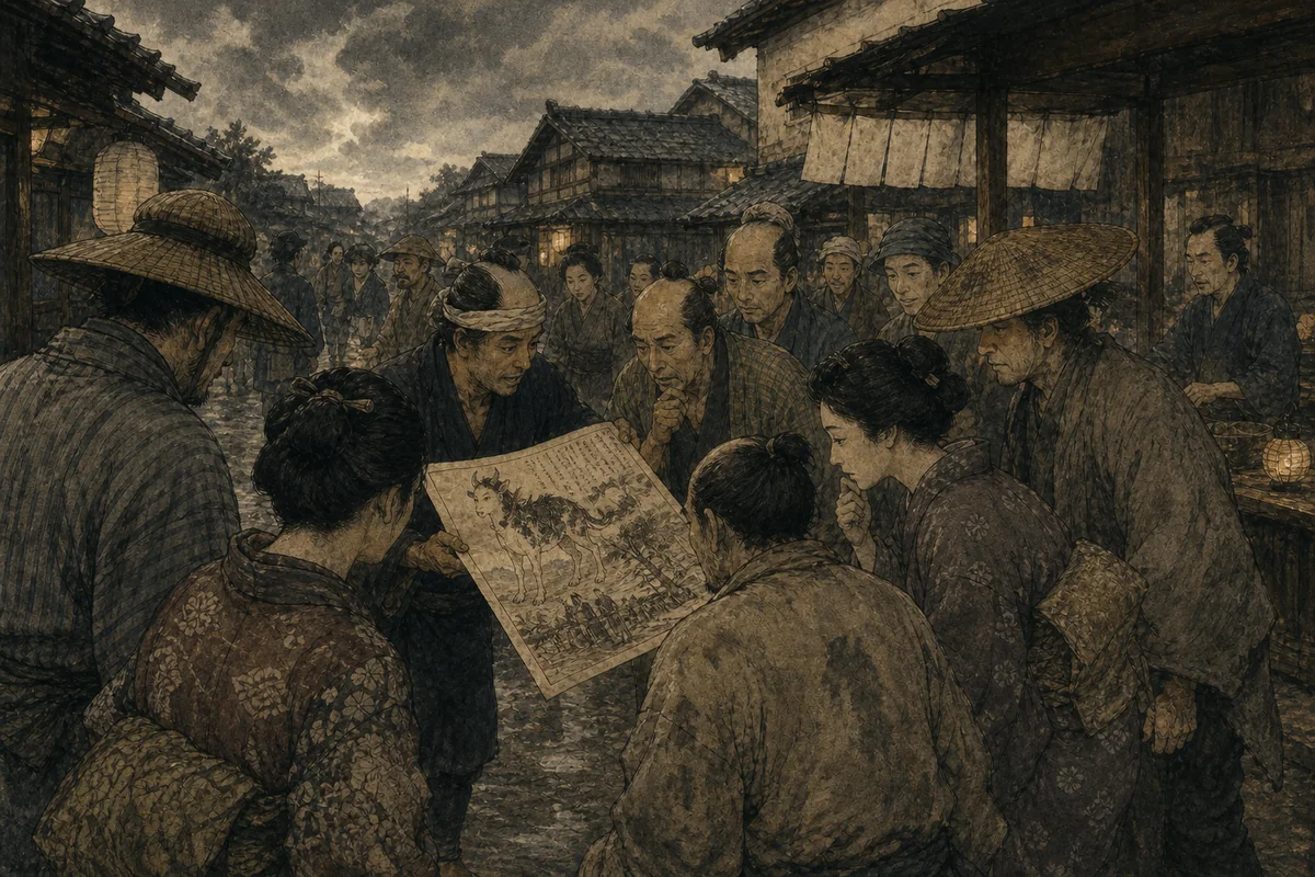 町角で件の姿と予言を描いた瓦版を人々が読み回す場面