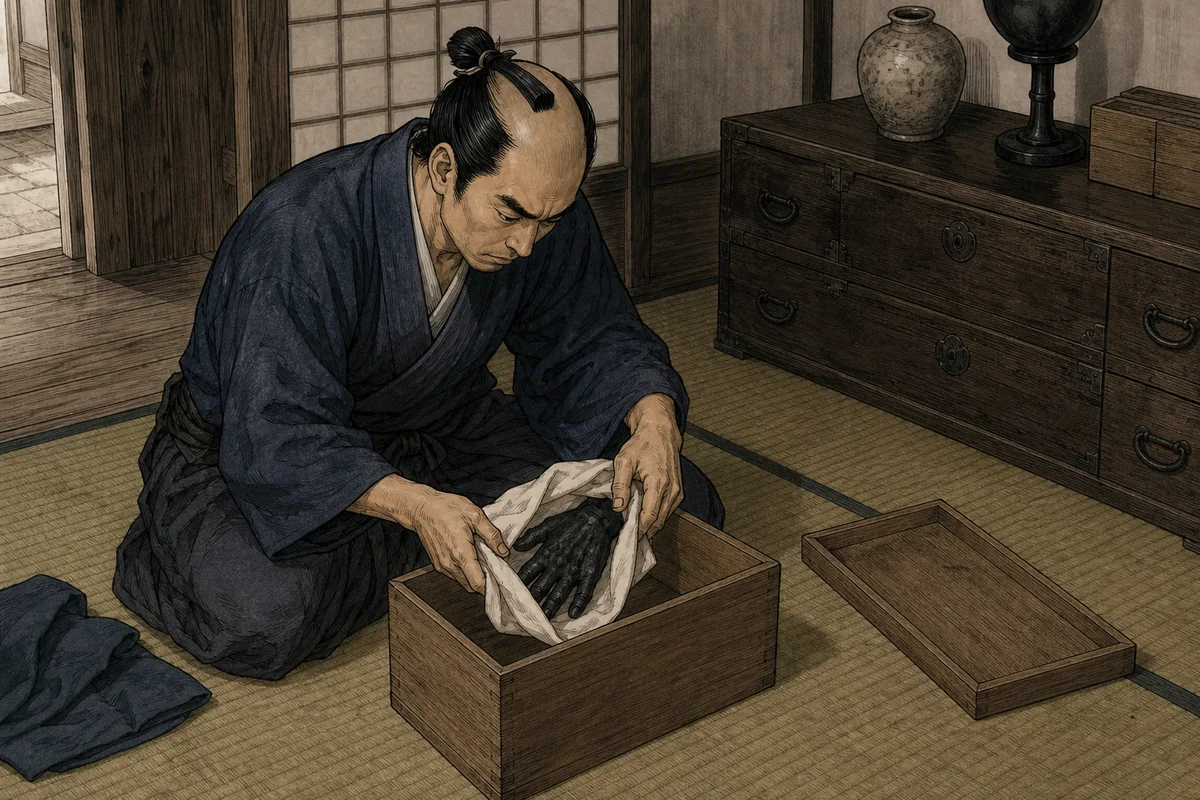 切り落とした黒い手を布へ包み、木箱に納める場面