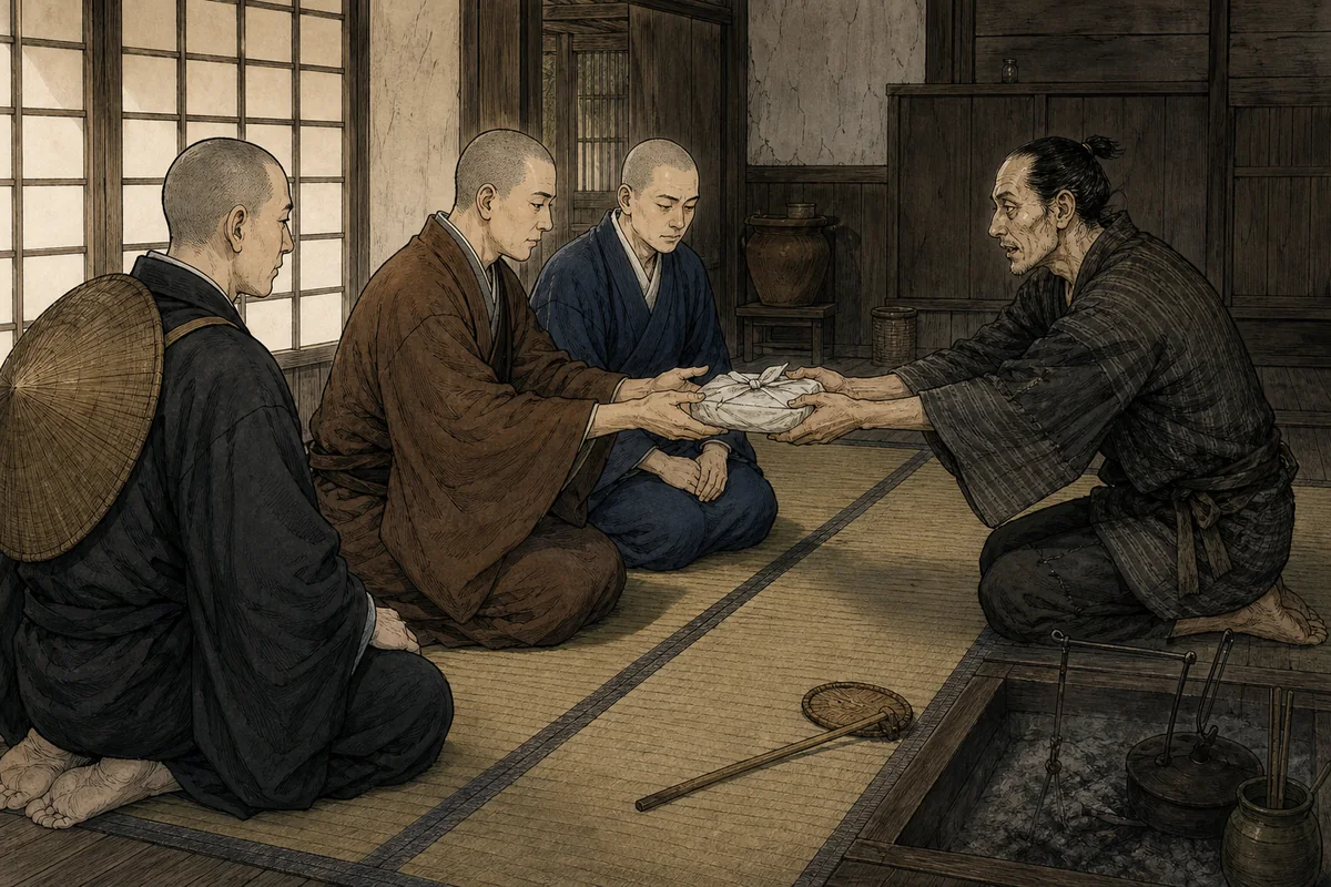 三人の旅僧が座敷で、甚五兵衛から手の包みを受け取る場面
