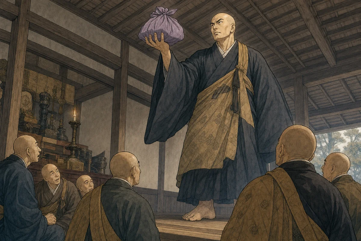 僧の一人が九尺ほどの大きな姿になり、包みを掲げる場面