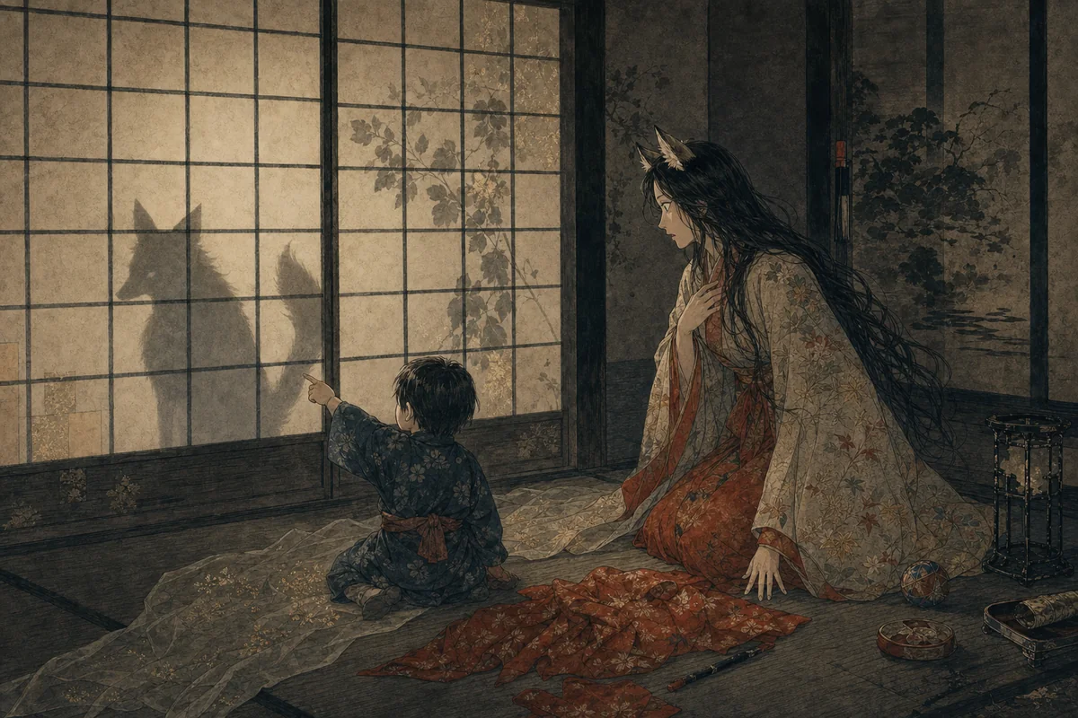 子どもが障子に映る狐の尾の影を見つけ、葛の葉が正体を悟られる場面