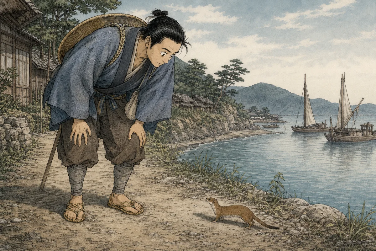 旅人が足元へ目を戻し、道の端に小さなイタチを見つける場面