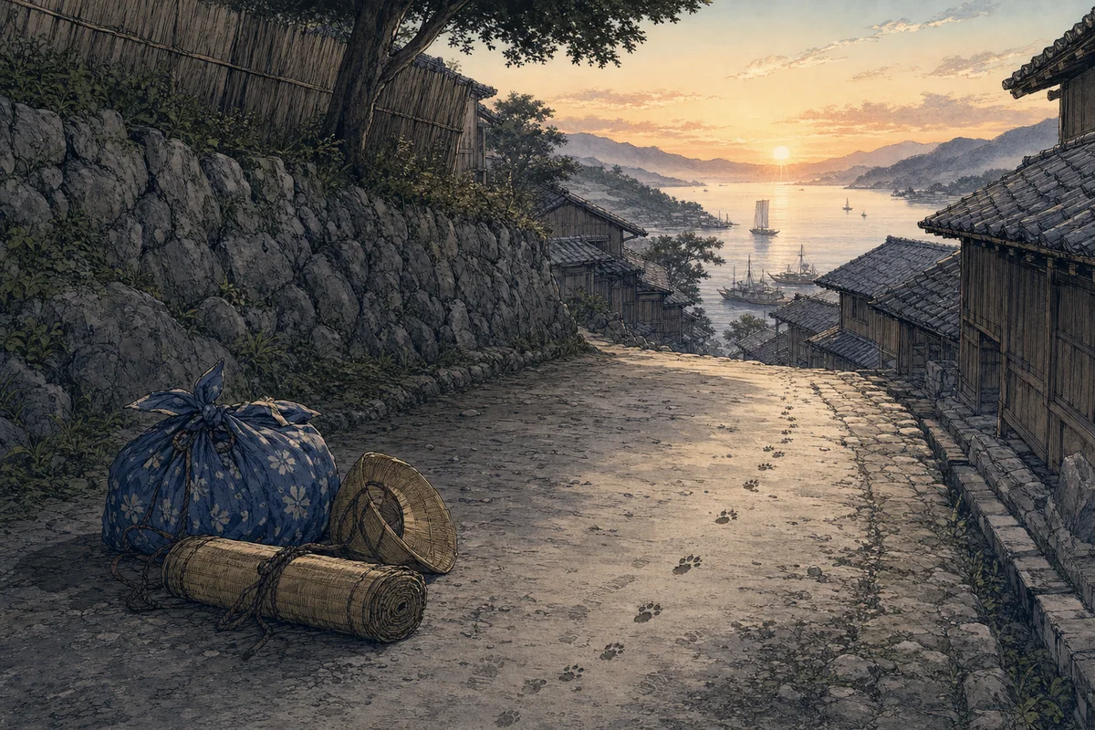 夜明けの坂に旅人の荷物と小さな獣の足跡が残る場面