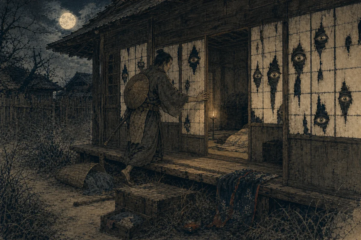 月夜の廃屋へ旅人が入り、穴だらけの古い障子を閉める場面