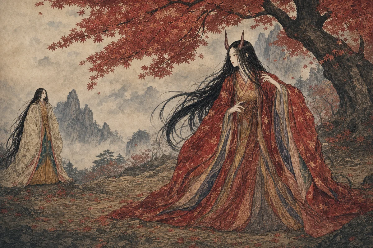 宴の幕が消えた山中で、紅葉が角のある鬼女の姿を現す場面