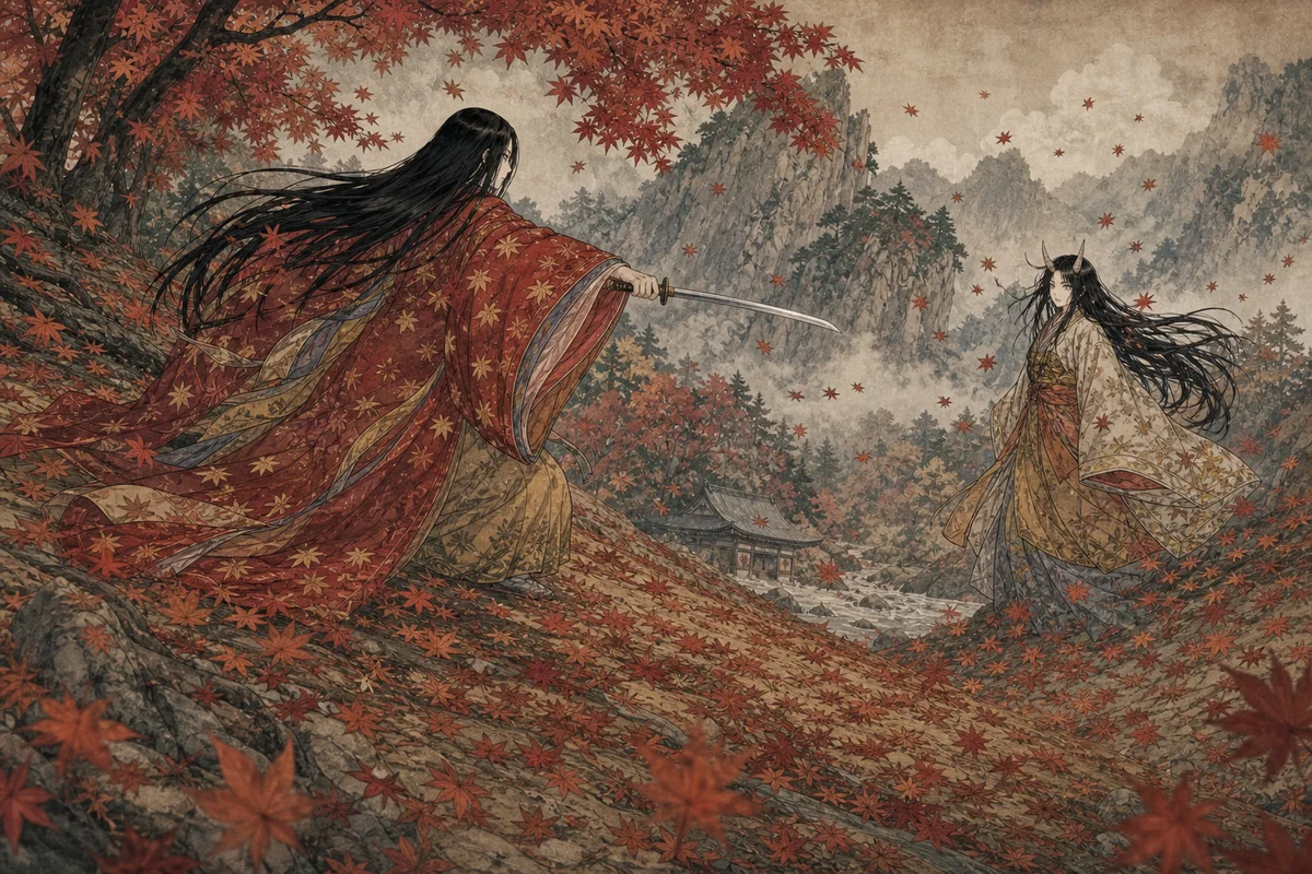 神剣を抜いた維茂と鬼女が、紅葉の散る斜面で戦う場面