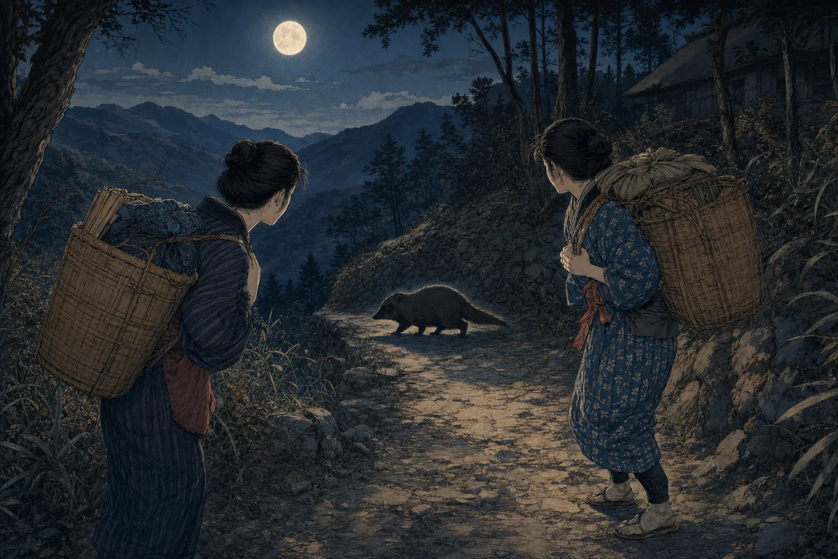 月夜の買い出し道で、荷を背負った二人の女性の前へ獣の影が出る場面