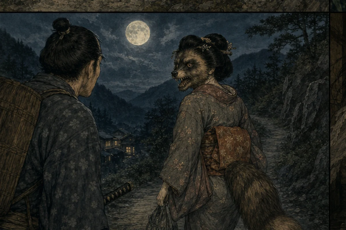 月夜の山道で旅の娘が振り返り、狢の顔と尾を持つ正体を旅人へ見せる