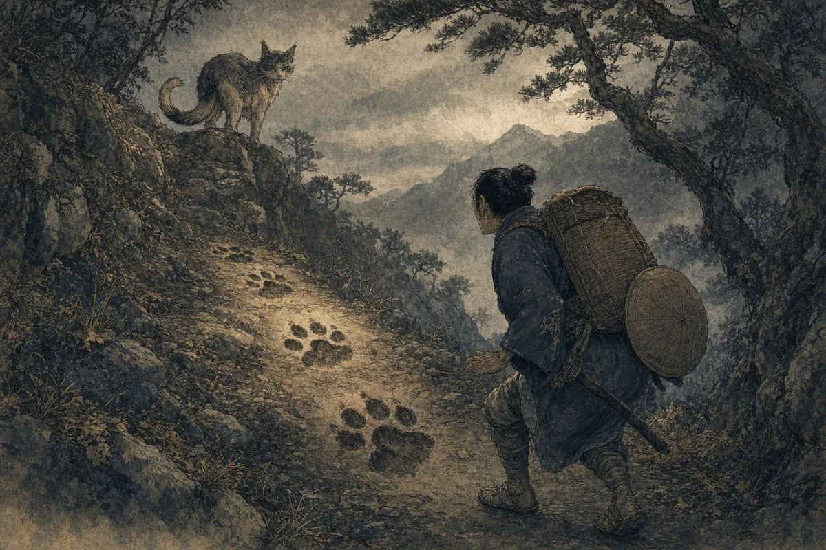 山道で旅人が大型の山猫に似た怪異の足跡を見つける場面
