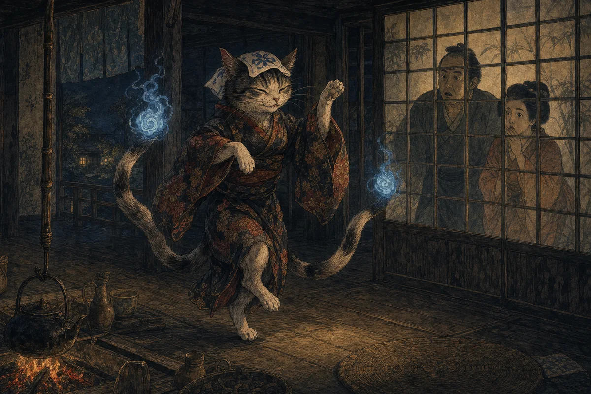 手拭いを頭に載せた猫又が二本足で踊り、家人が障子越しに見る場面