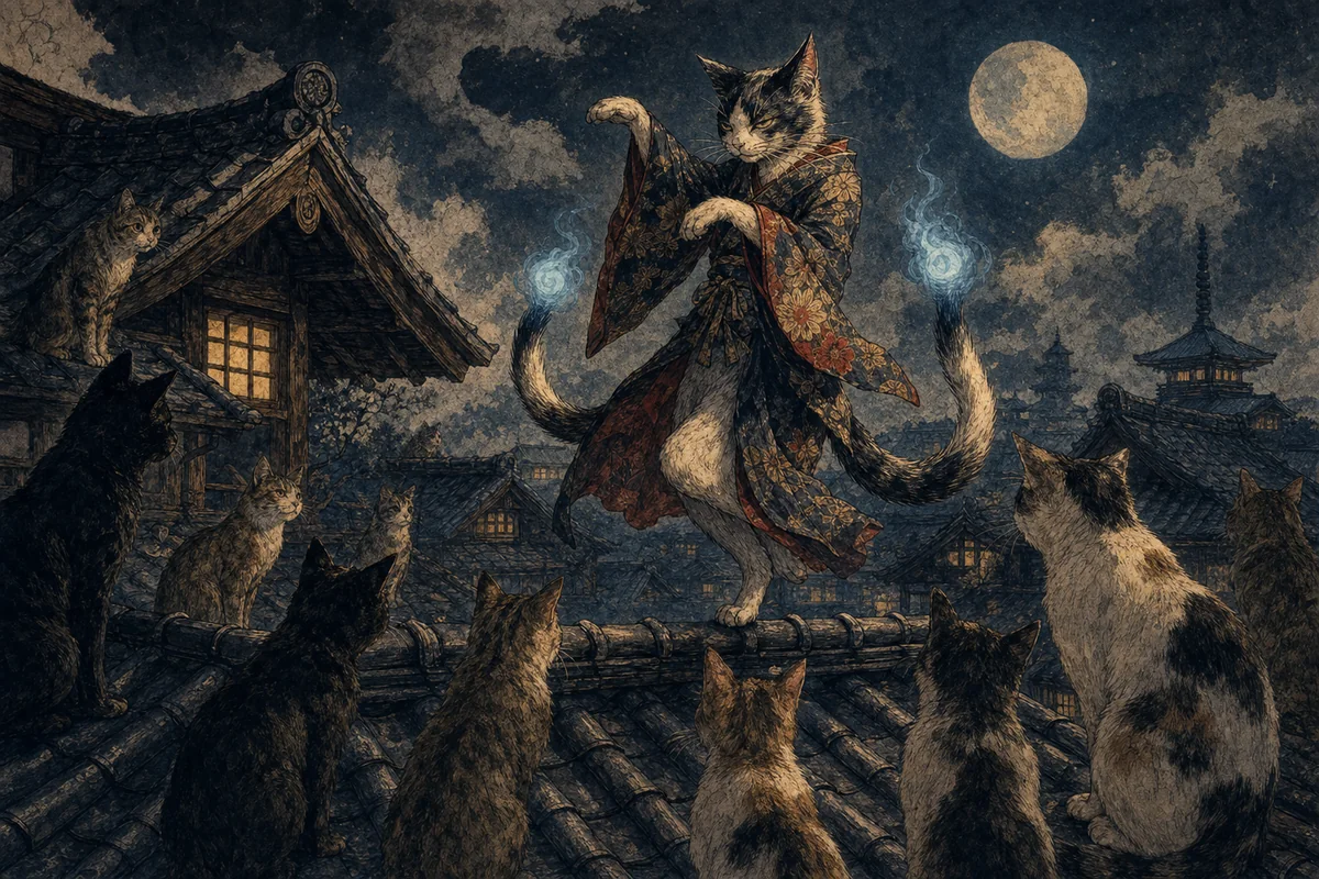 月夜の屋根で二股の尾を持つ猫又が踊り、複数の猫が集まる場面