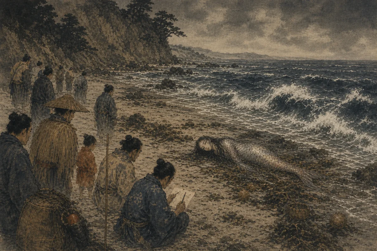 荒海の浜へ打ち上げられた人魚を村人が遠巻きに記録する場面