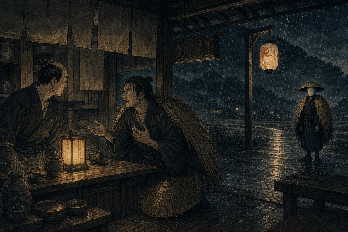 旅人が屋台へ逃げ込み、店主に無貌の人の話をする場面
