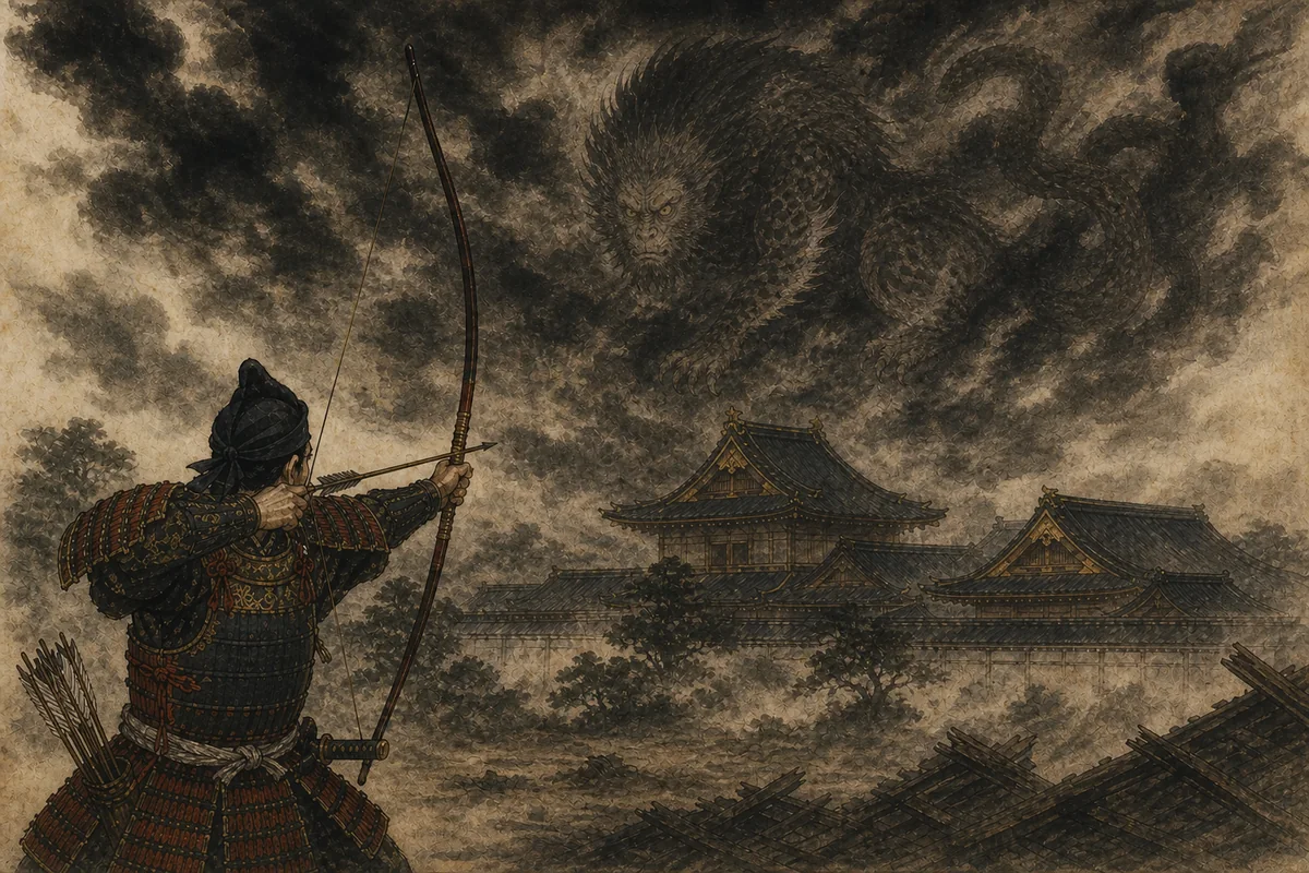黒雲の中へ源頼政が矢を放ち、雲間に鵺の輪郭が浮かぶ場面