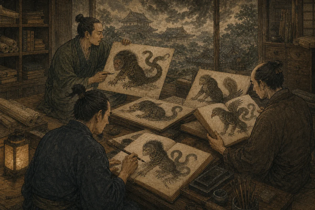 近世の絵師が複数の伝本を前に、部位の異なる鵺を描き比べる場面