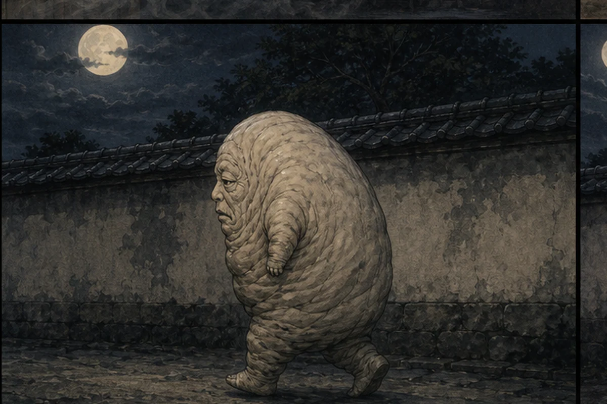 皺の多いぬっぺっぽうが、月夜の土塀沿いを横向きに歩く