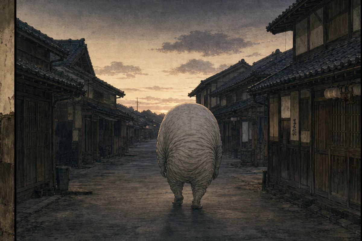 ぬっぺっぽうが夜明け前の町を背にして歩き去る