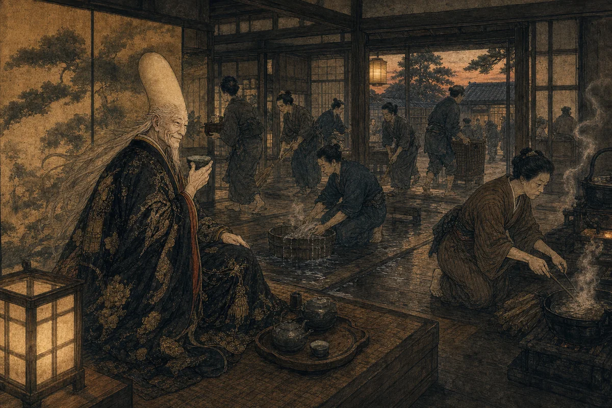 家人が忙しく立ち働くそばで、ぬらりひょんだけが茶を飲んでくつろぐ場面