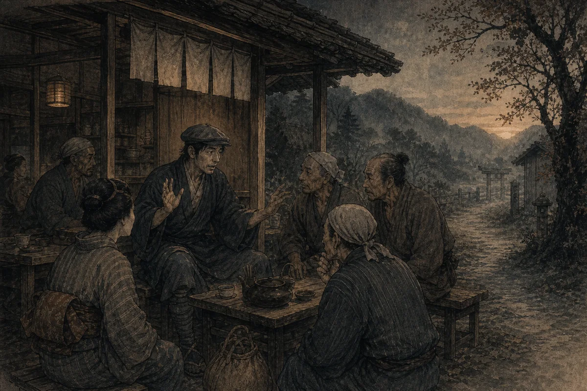 昭和初期の旅人が夜明けの茶店で、道を塞いだ見えない壁の体験を土地の人へ話す場面