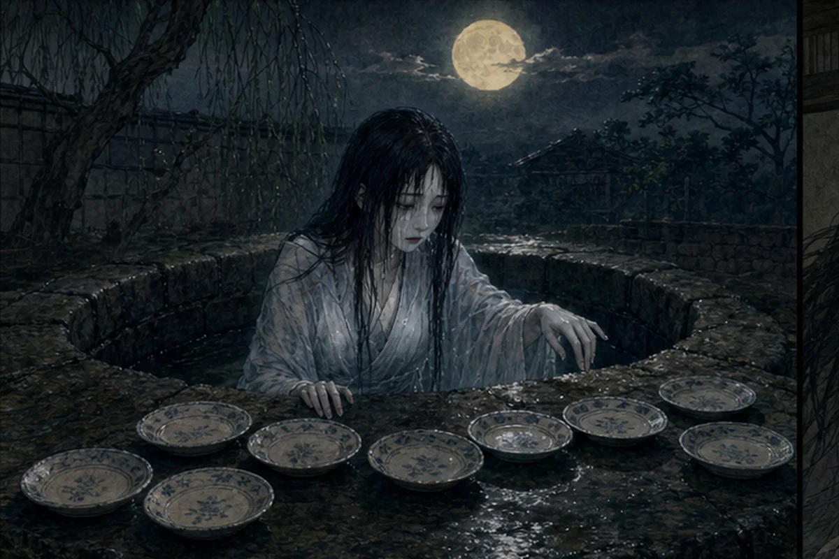 月夜の古井戸からお菊の霊が上半身を現し、九枚の皿を数える