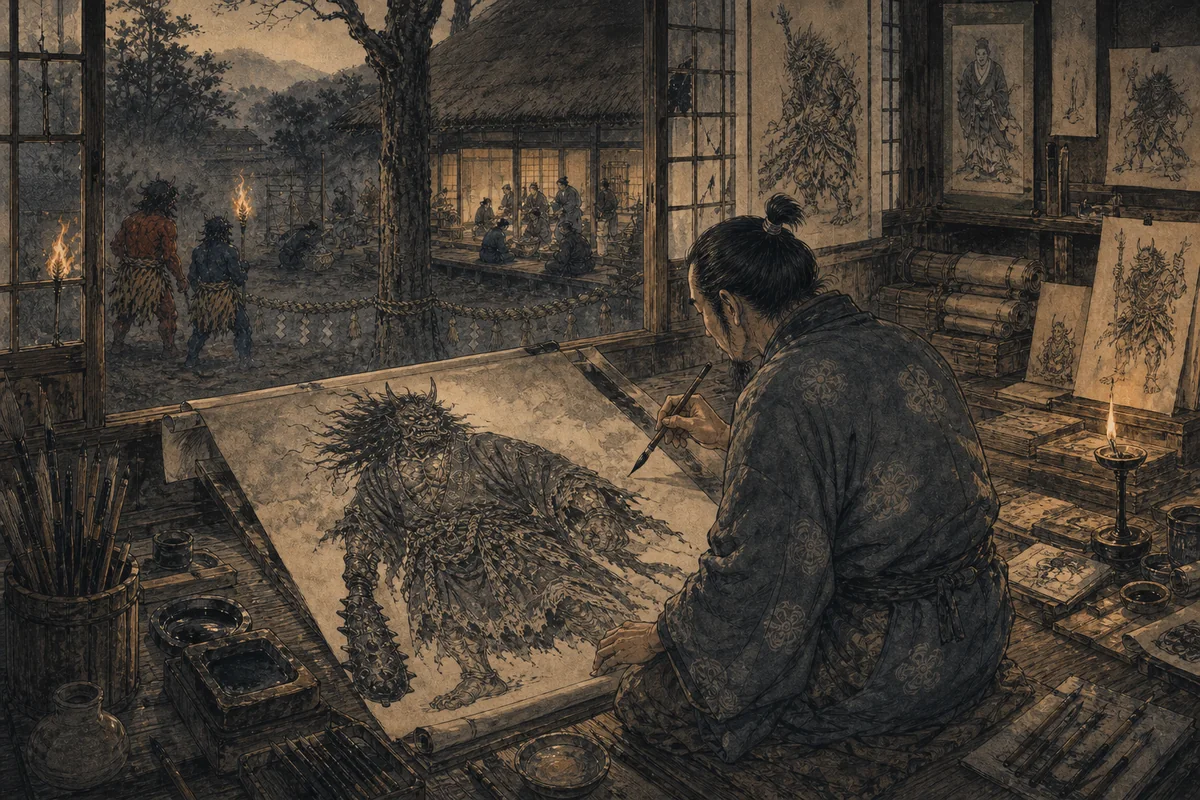 中世の絵巻師が角、牙、虎皮、金棒を持つ鬼の姿を描き起こす場面