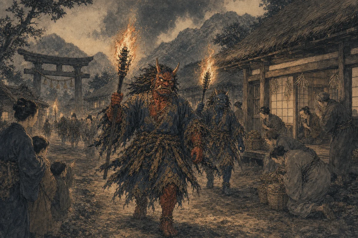 村の祭礼で鬼面の担い手が松明を掲げ、家々の厄を払って歩く場面