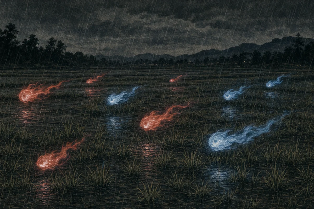 赤と青の鬼火が雨上がりの野を低く進むが、草には焦げ跡がない