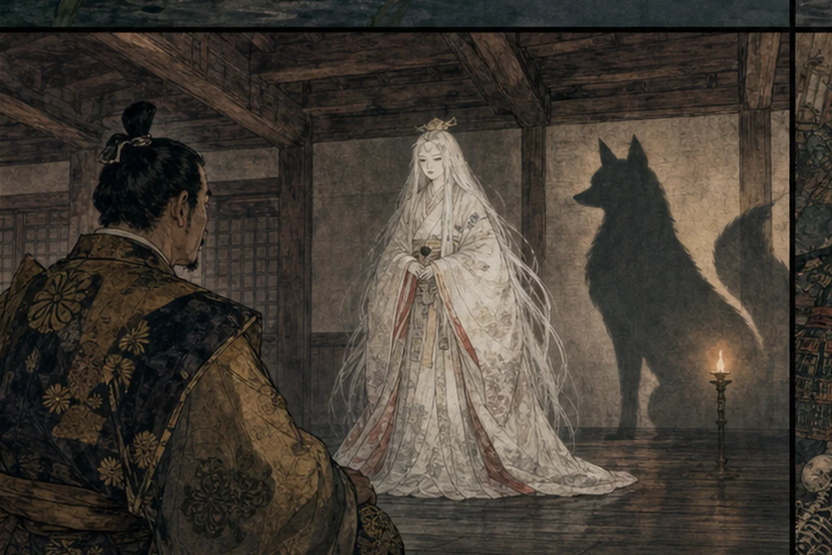 姫路城天守の梁下で、狐の影を背負った刑部姫が城主の前へ姿を現す