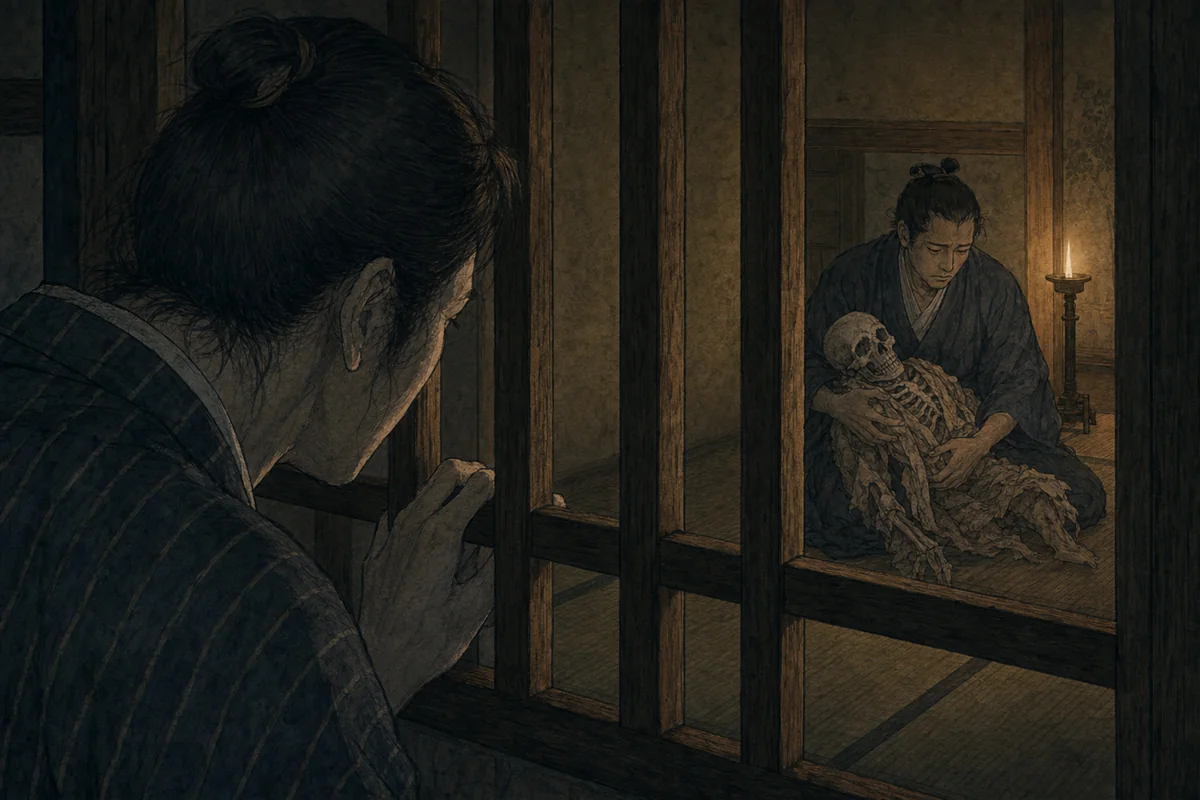 近所の男が格子から覗き、新三郎が骸骨を抱く姿を見る場面