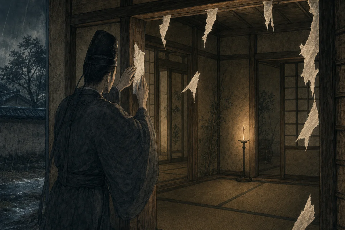 新三郎の家の入口に、僧が魔除けの札を貼る場面