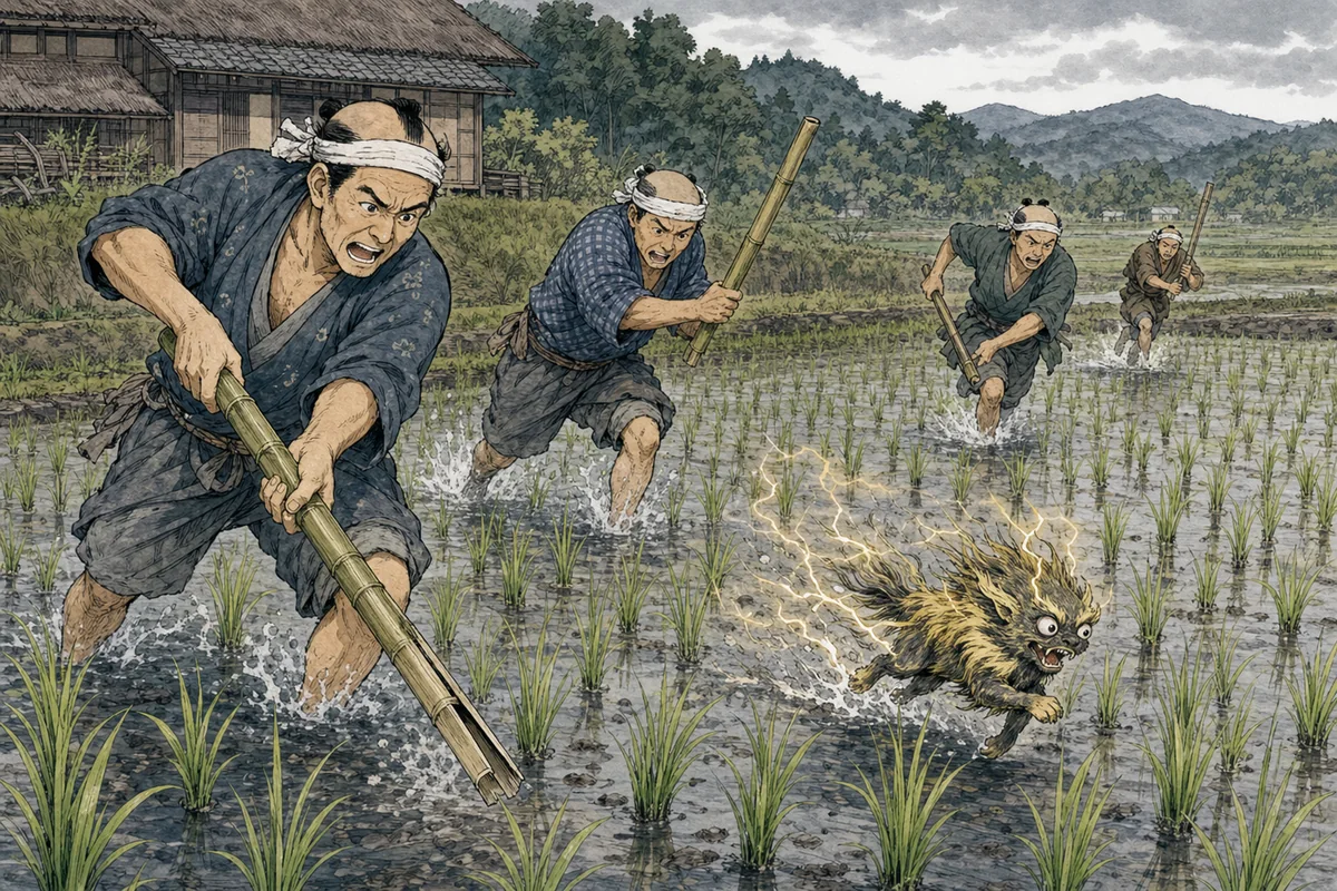 苗代で村人が割竹を叩き、作物の間を走る雷獣を追う場面