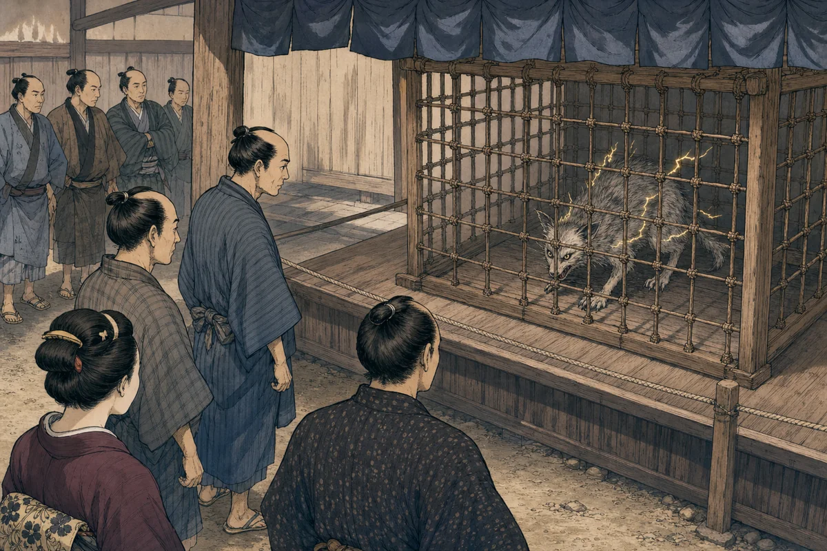 江戸の見世物小屋で、狐ほどの捕獲品を人々が離れて見る場面