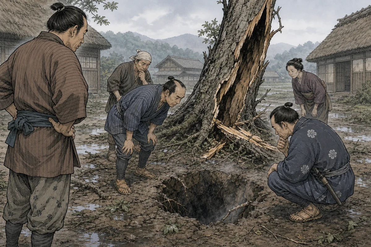 雷雨の翌朝、村人が裂けた木と地面の穴を調べる場面