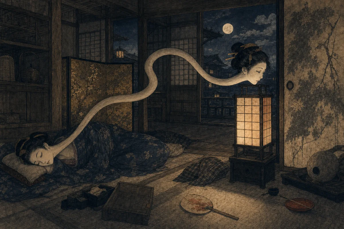 旅籠の夜、眠る女の首がゆっくり伸びて行灯へ近づく場面