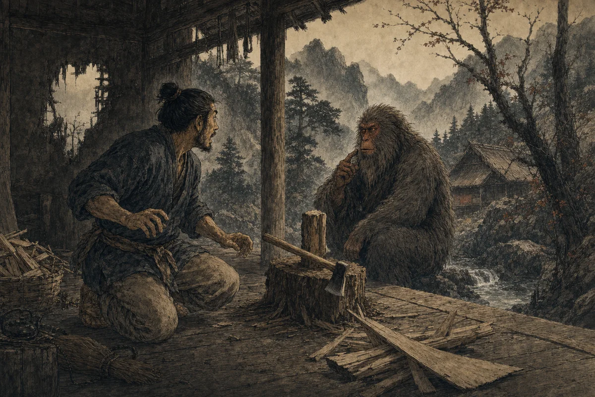 覚が木こりの考えを言葉より先に口にし、木こりが驚く場面