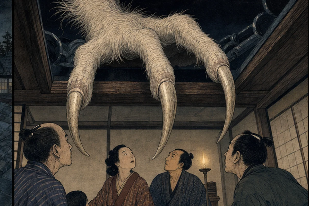 しょうけらの長い三本爪が屋根の明かり取りへかかり、室内の人々を覗く