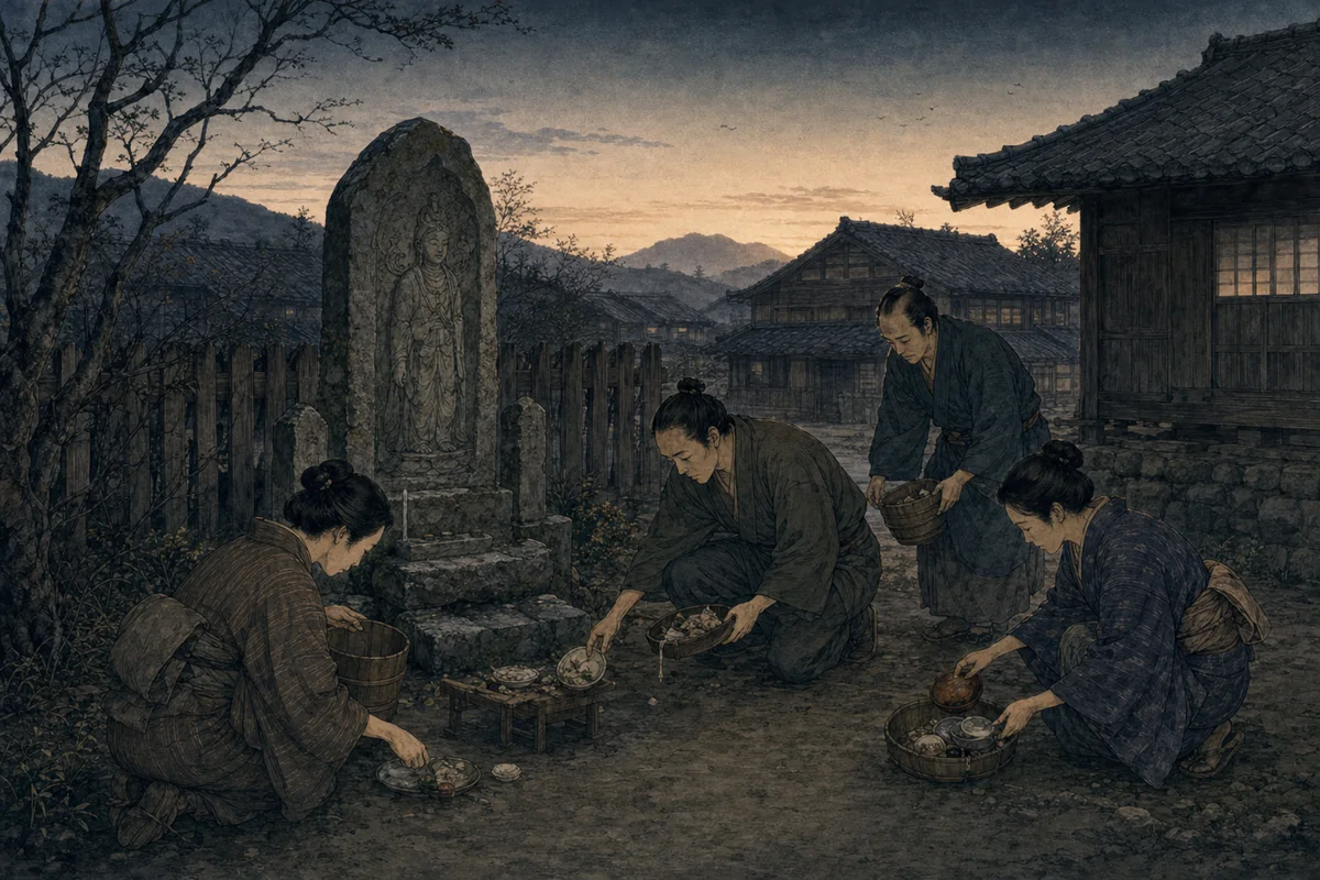 庚申塔の前で、村人が夜明けの供物を片付ける場面