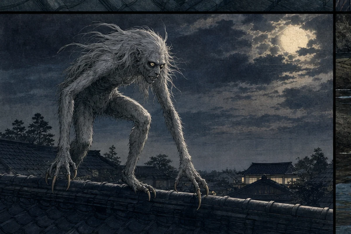 古い絵巻に見える獣形のしょうけらが、月夜の屋根棟へ立つ