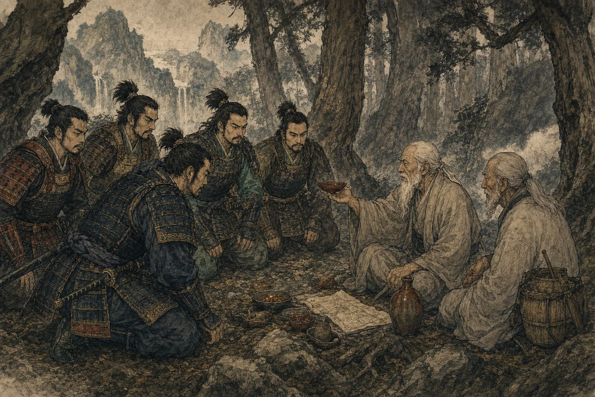 山中で五人の武者が老人たちから酒と策を授かる酒呑童子退治前の場面